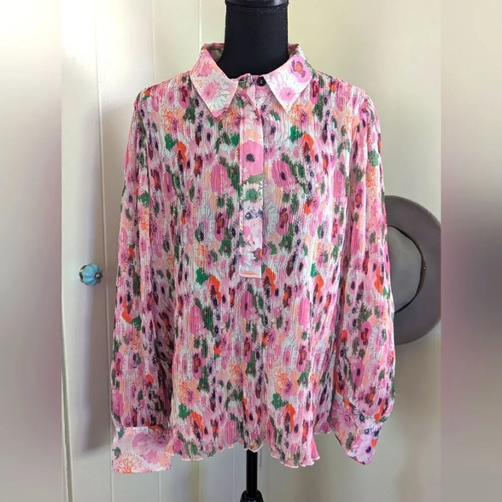Ganni Floral Pleated Georgette Top 40 8/10 Gardencore Whimsical Barbiecore Boho